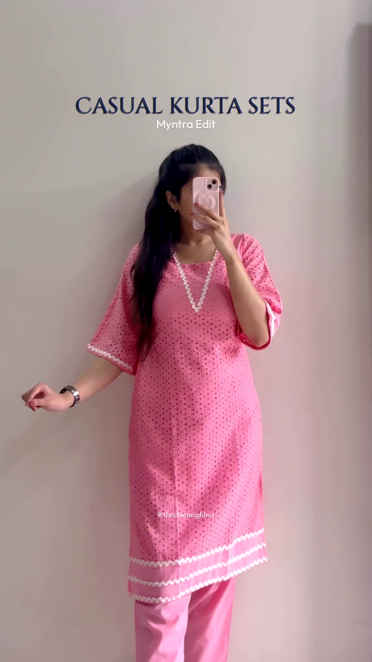 Pink Casual Kurta Set with Perforated Lace Detailing – A Breezy Everyday Ensemble for Chic Comfort