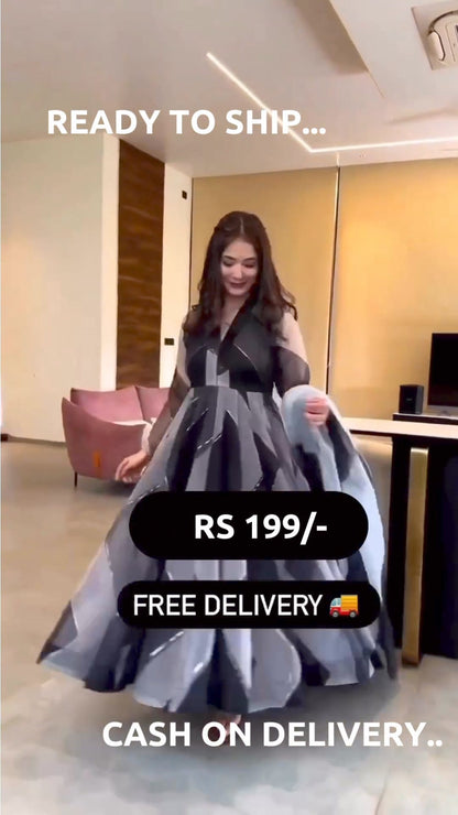 Grey-Black Tabby Organza Zigzag Anarkali