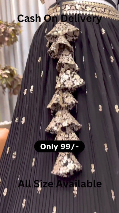 Embroidered Net Lehenga in Black