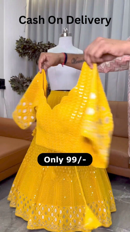 Yellow color Designer Embroidery & Mirror work Lehenga choli for Haldi Function