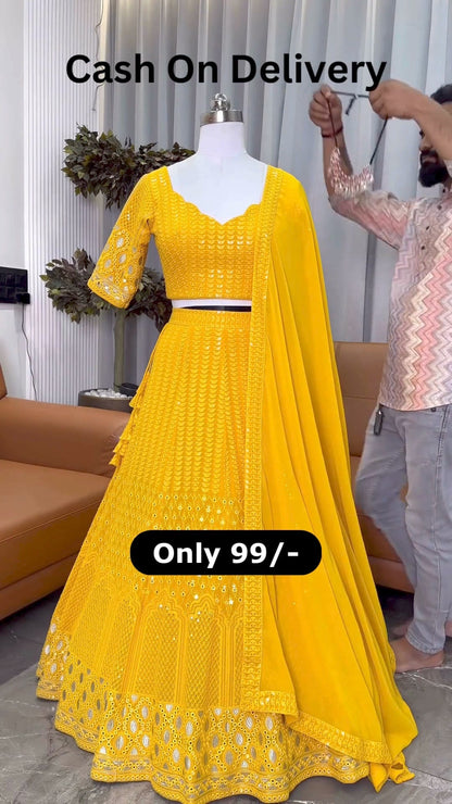Yellow color Designer Embroidery & Mirror work Lehenga choli for Haldi Function