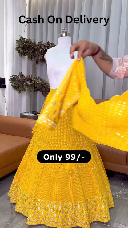 Yellow color Designer Embroidery & Mirror work Lehenga choli for Haldi Function