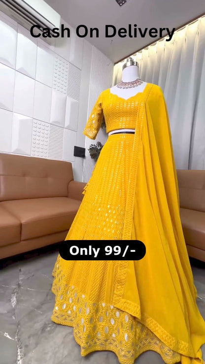 Yellow color Designer Embroidery & Mirror work Lehenga choli for Haldi Function