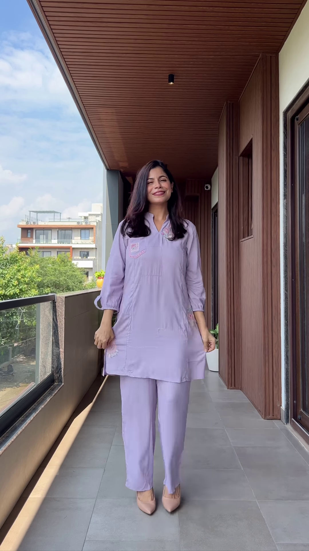 Lavender Embroidered Kurta Set with Balcony Backdrop – Soft Sophistication in Urban Serenity
