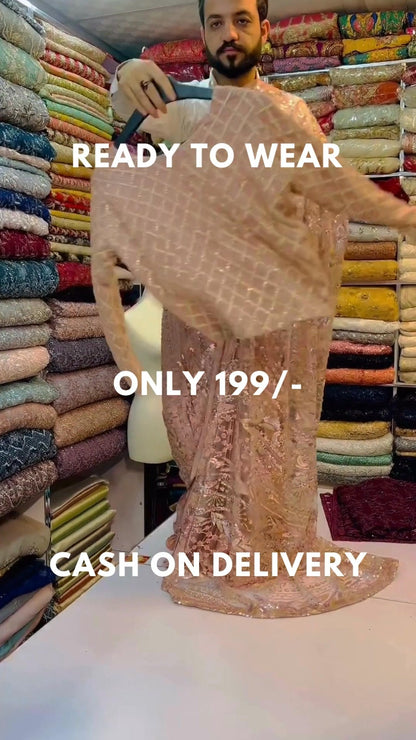 Ready To Wear Pink organza saree with embellishments