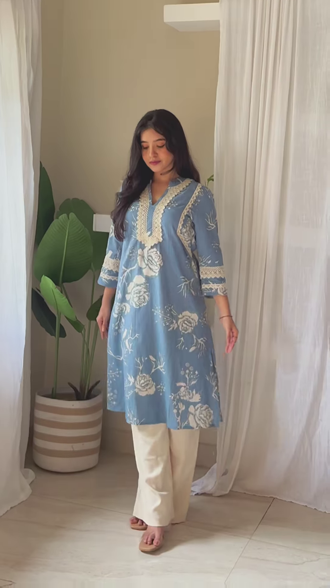 Blue Floral Kurta Set in Sunlit Interior – Graceful Everyday Elegance