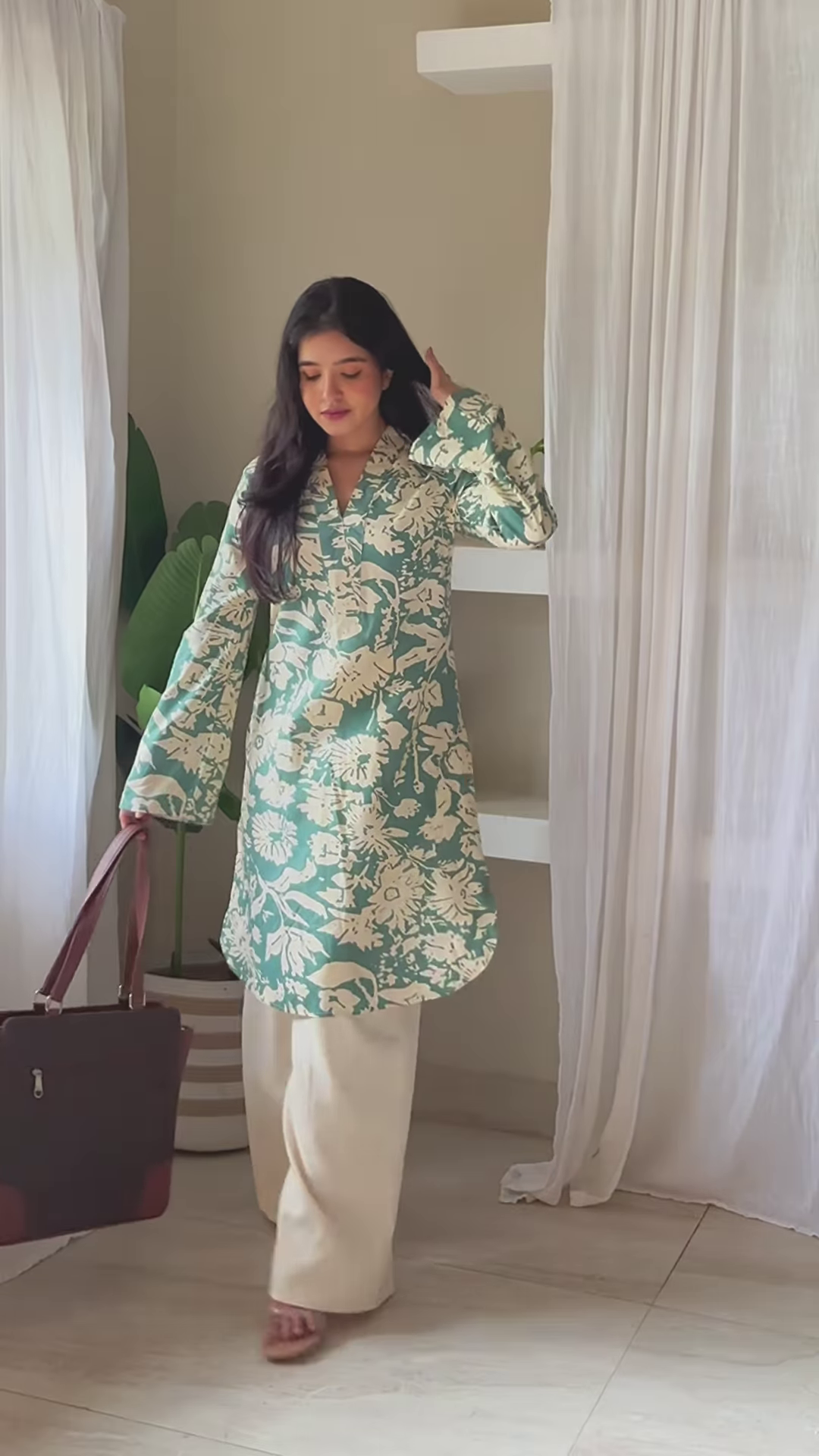 Blue Floral Kurta Set in Sunlit Interior – Graceful Everyday Elegance