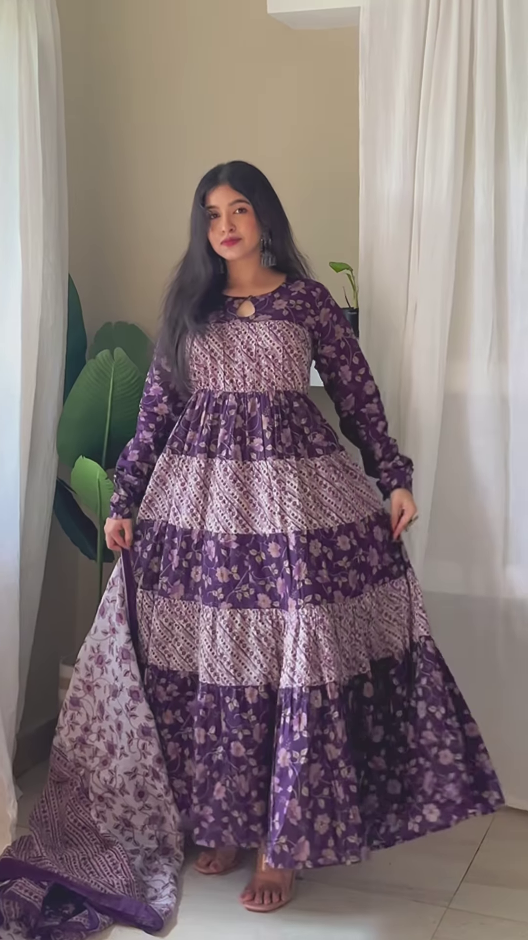 Purple Printed Maxi Dress with Indoor Greenery – Artistic Layers of Bohemian Grace