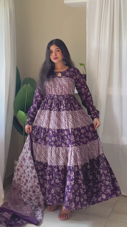 Purple Printed Maxi Dress with Indoor Greenery – Artistic Layers of Bohemian Grace