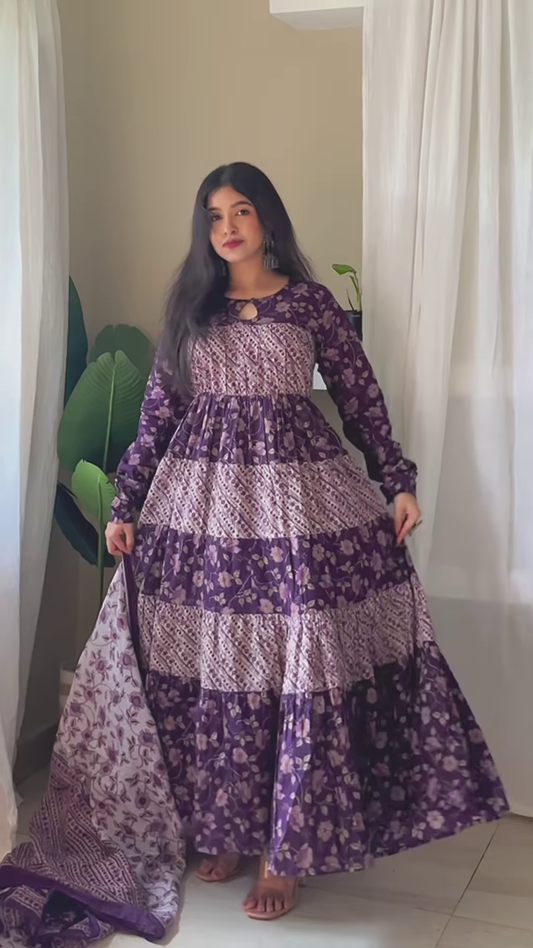 Purple Printed Maxi Dress with Indoor Greenery – Artistic Layers of Bohemian Grace