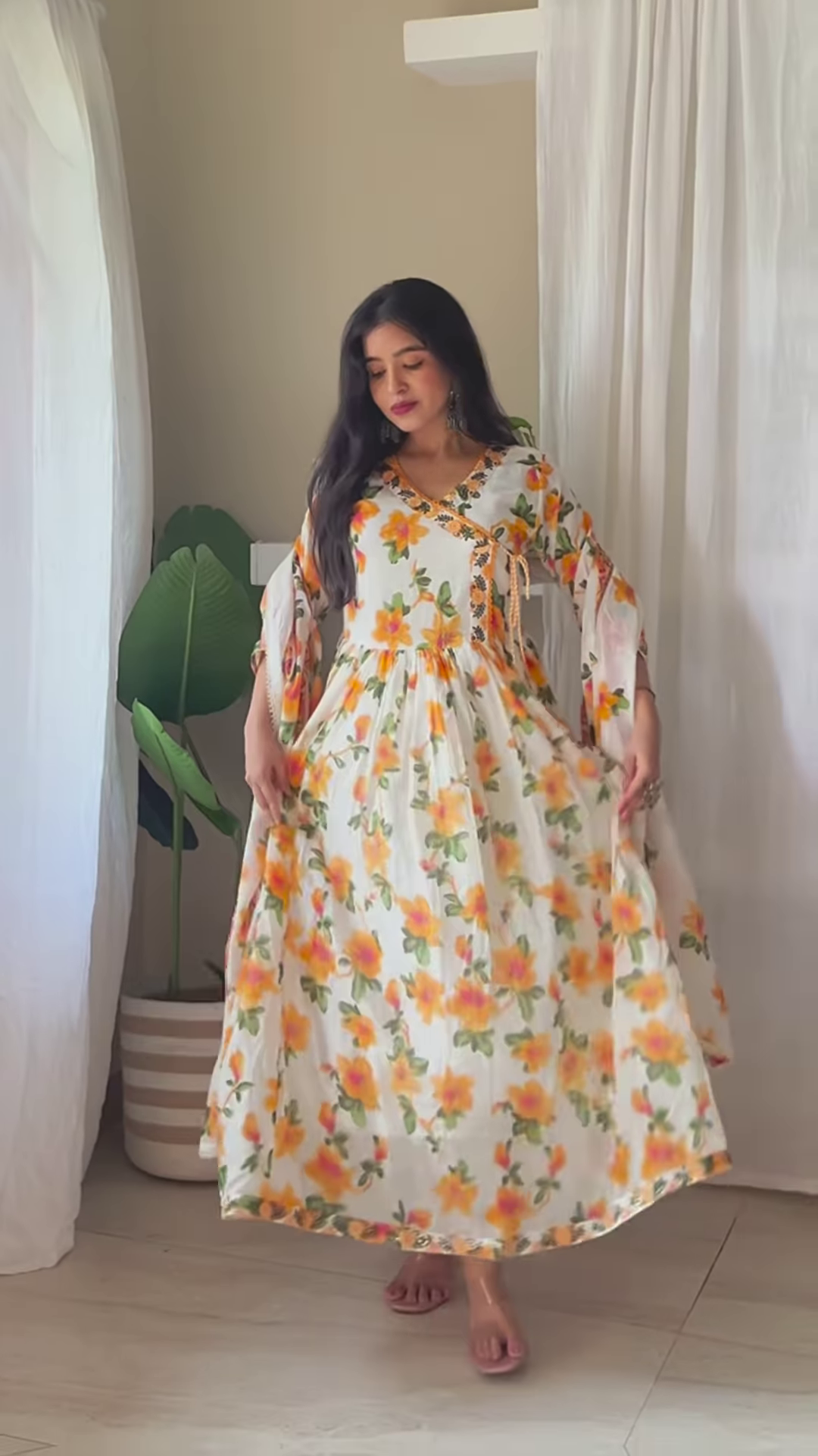 Purple Printed Maxi Dress with Indoor Greenery – Artistic Layers of Bohemian Grace