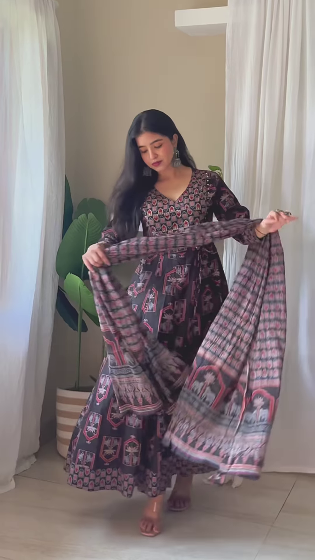 Purple Printed Maxi Dress with Indoor Greenery – Artistic Layers of Bohemian Grace