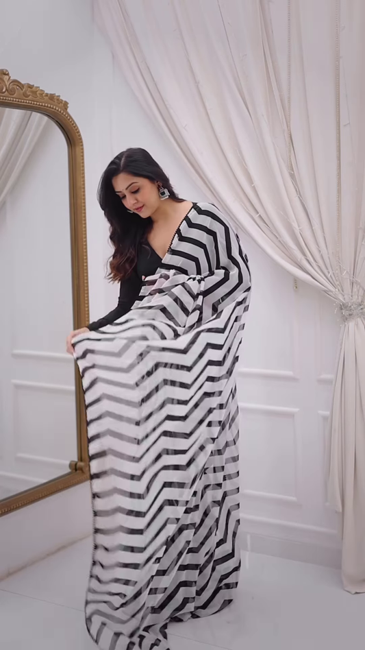 Monochrome Zigzag Saree in Ornate Mirror Setting – Timeless Elegance with a Modern Edge
