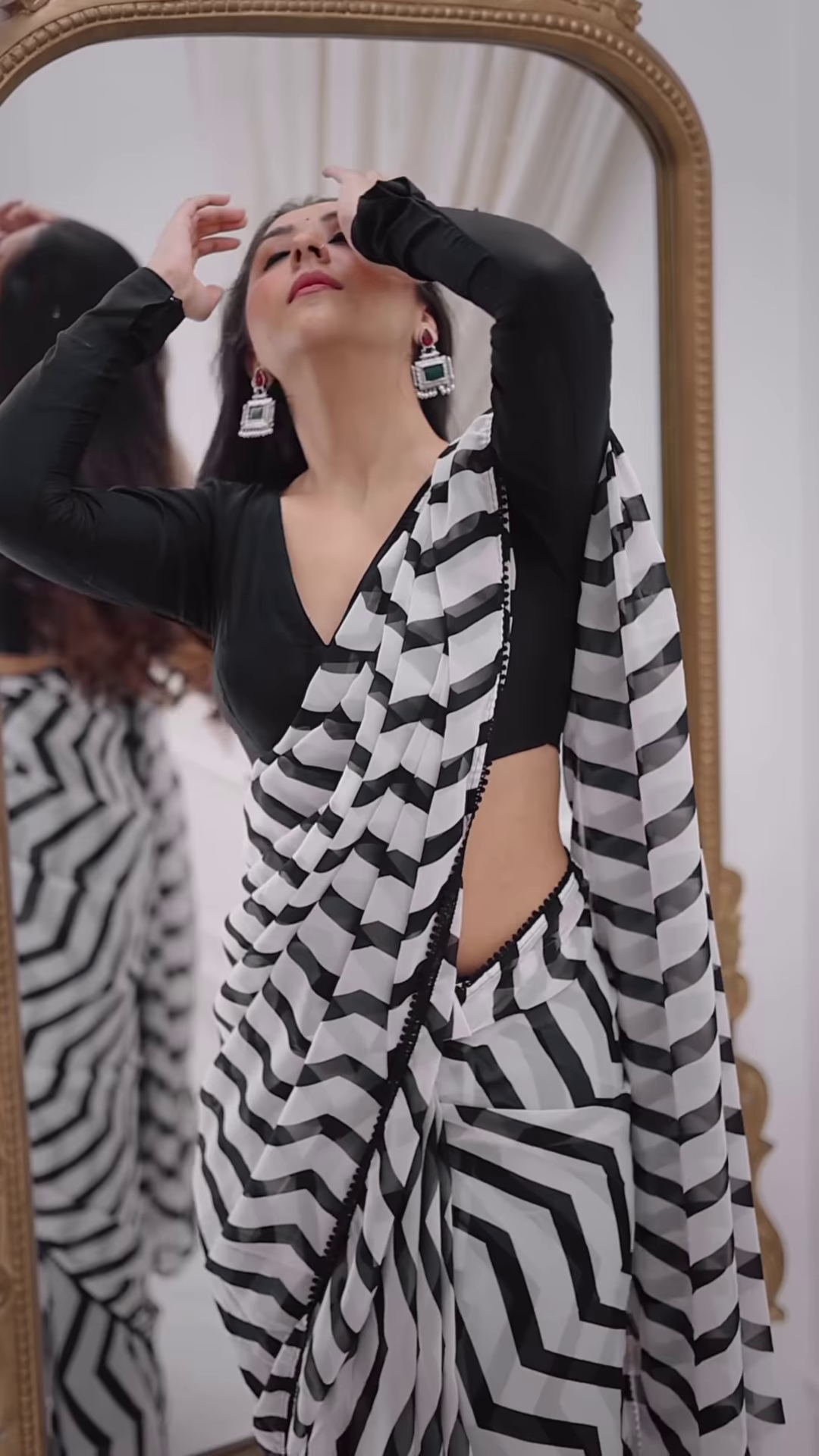 Monochrome Zigzag Saree in Ornate Mirror Setting – Timeless Elegance with a Modern Edge