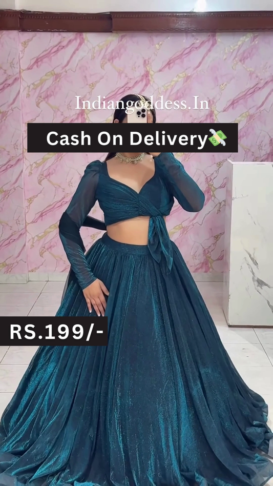 Teal Blue Indo-Western Lehenga Set with Full-Sleeve Crop Top – Casual Ethnic Fusion at Budget-Friendly Style