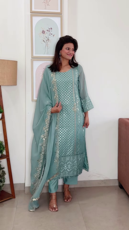 Luxe Golden Velvet Embroidered Suit Set with Dupatta