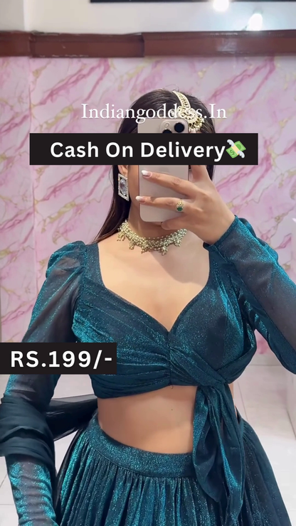 Teal Blue Indo-Western Lehenga Set with Full-Sleeve Crop Top – Casual Ethnic Fusion at Budget-Friendly Style