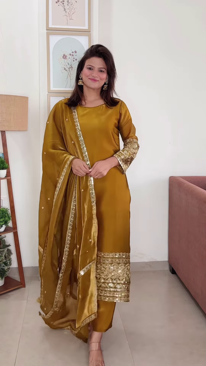 Luxe Golden Velvet Embroidered Suit Set with Dupatta