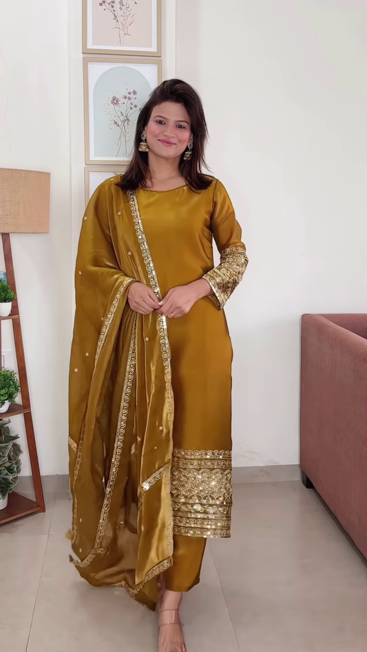 Luxe Golden Velvet Embroidered Suit Set with Dupatta