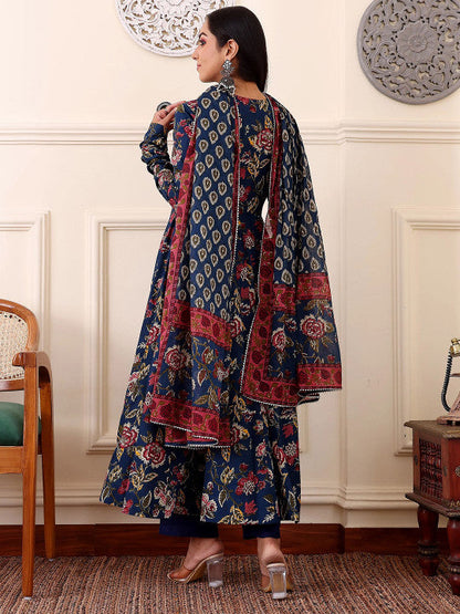 Floral Printed Anarkali Kurta With Trousers And Dupatta