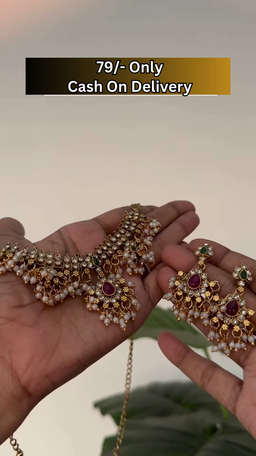 Traditional Gold-Tone Kundan Choker Necklace Set with Earrings and Pearl Detailing