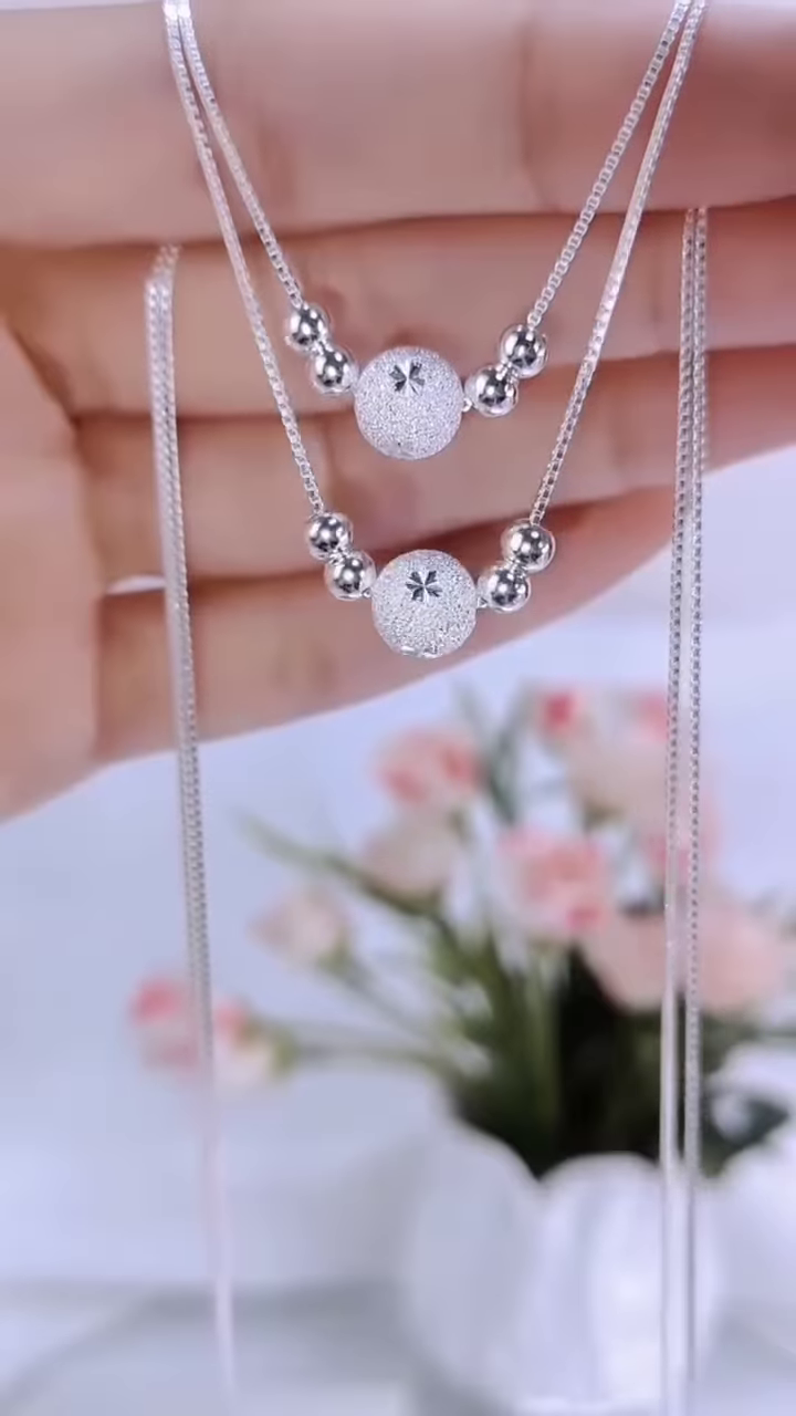 Elegant 925 Sterling Silver Layered Necklace with Frosted Bead Pendants – Delicate Women’s Jewelry