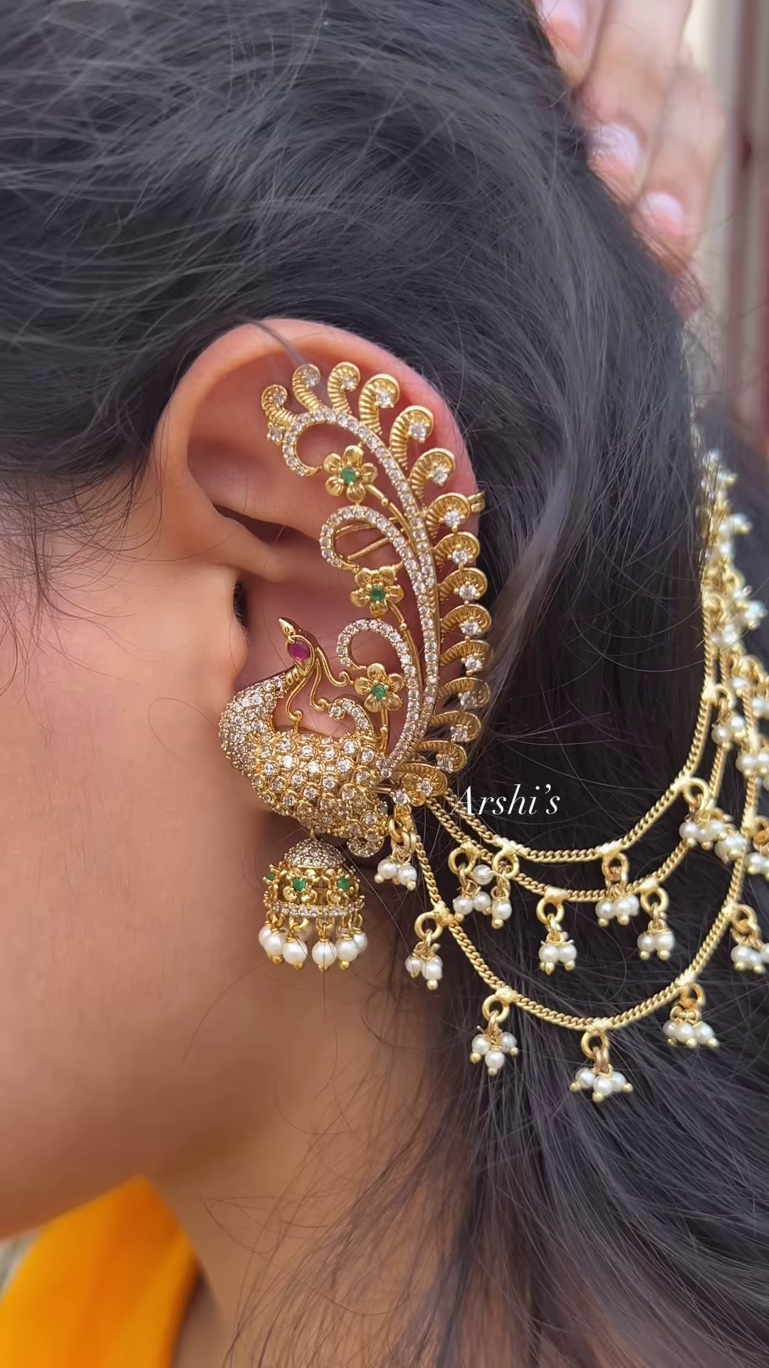 Elaborate Gold-Plated Peacock Ear Cuff Jhumka with Kundan and Pearl Chains – Statement Indian Ear Jewelry