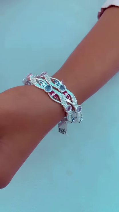 Elegant Silver-Toned Bangle Set with Intricate Filigree and Gemstone Accents