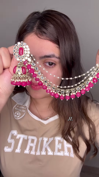 Elegant Gold-Toned Jhumka Earrings with Kundan, Colorful Beads, and Multi-Chain Pearl Earchain