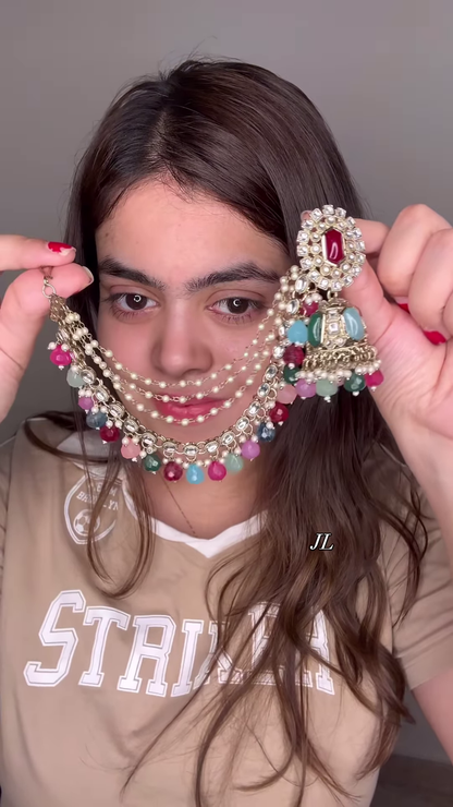 Elegant Gold-Toned Jhumka Earrings with Kundan, Colorful Beads, and Multi-Chain Pearl Earchain