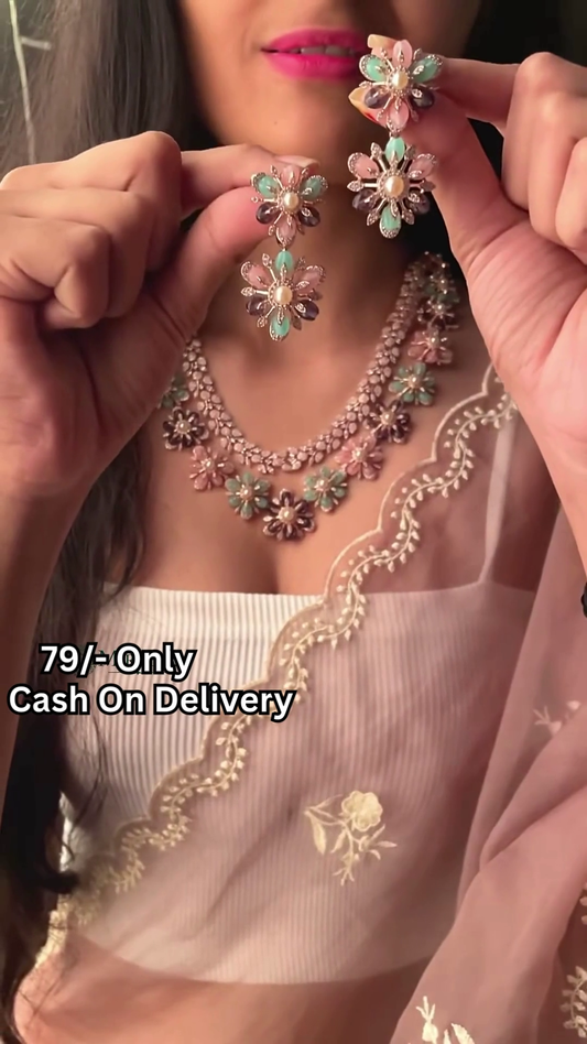 Elegant Floral Necklace and Earrings Set with Kundan and Pastel Gemstone Accents