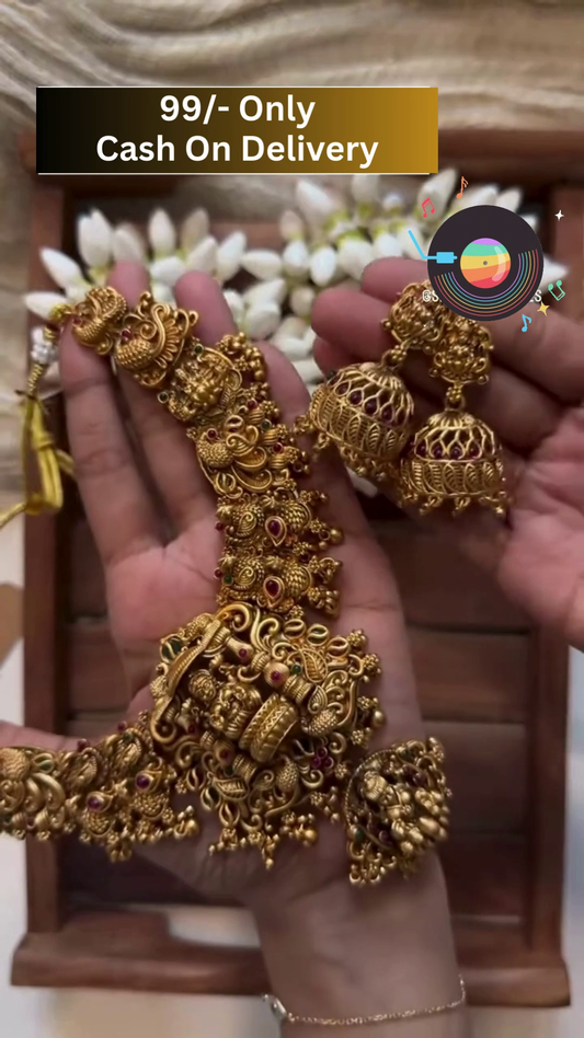 Traditional Gold-Toned Nagas Necklace Set with Intricate Deity and Elephant Carvings