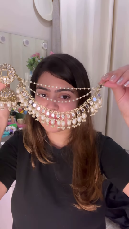 Elegant Gold-Toned Jhumka Earrings with Kundan and Multi-Strand Pearl Earchain