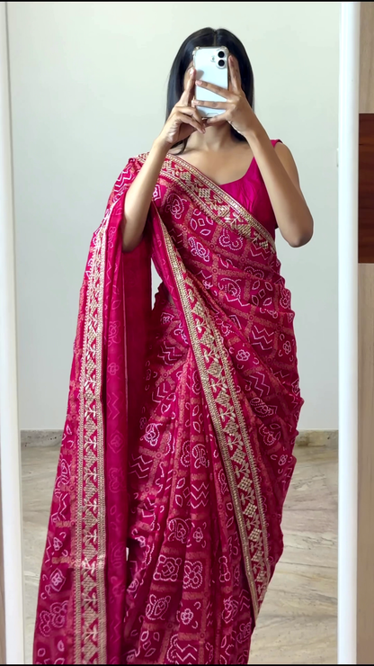 Bright Pink Embroidered Saree – Festive Radiance in a Mirror Moment