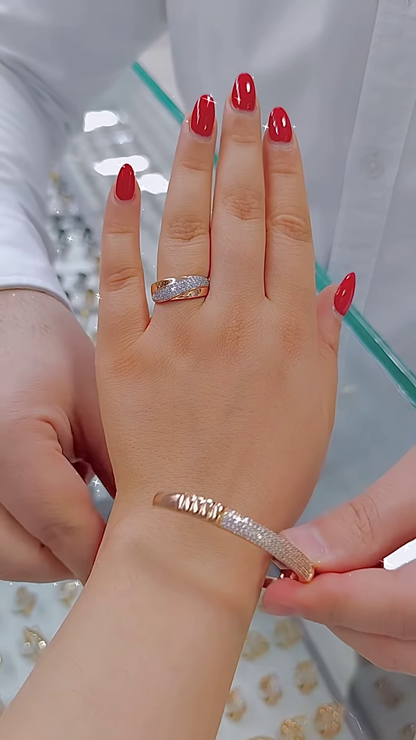 Elegant Rose Gold-Toned Ring and Bangle Set with Pave Crystal Accents