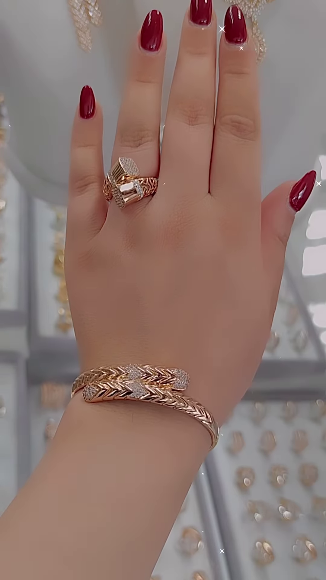 Elegant Rose Gold-Toned Ring and Bangle Set with Pave Crystal Accents