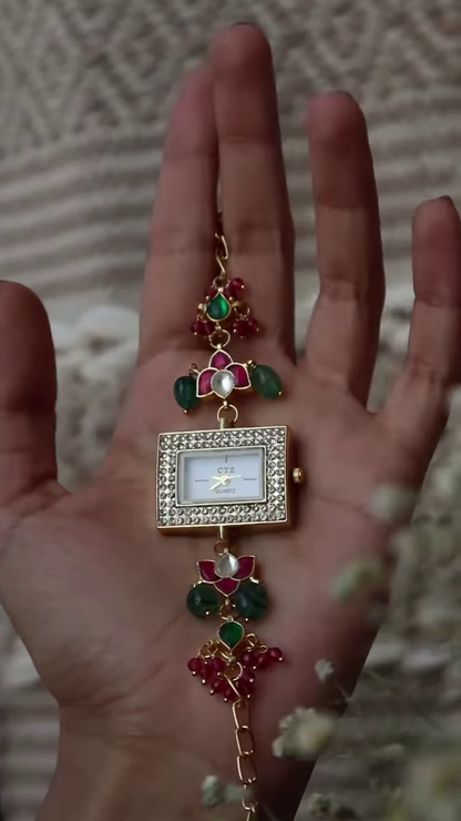 Whimsical Gold-Toned Wristwatch with Crescent Moon and Pearl Accents – Celestial Timepiece