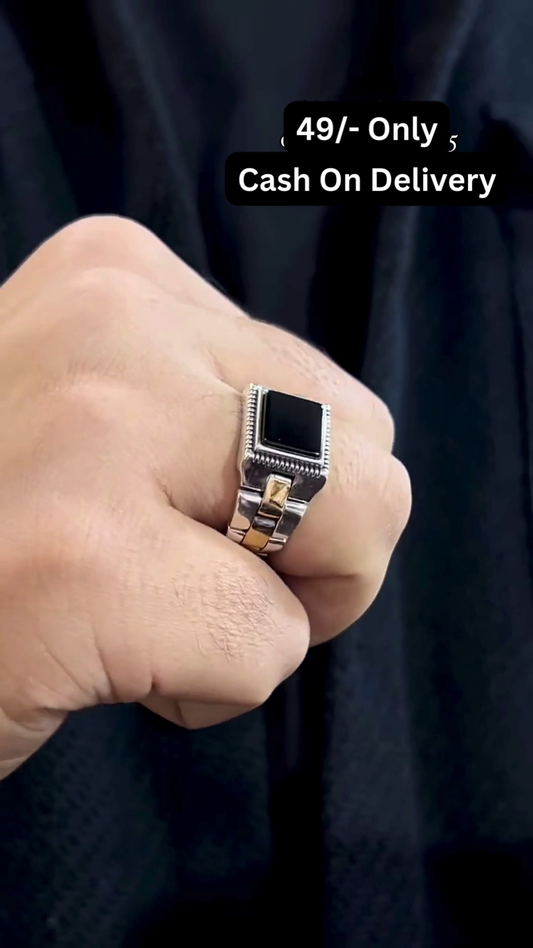 Handmade Sterling Silver Men’s Ring with Black Onyx and Gold Accents