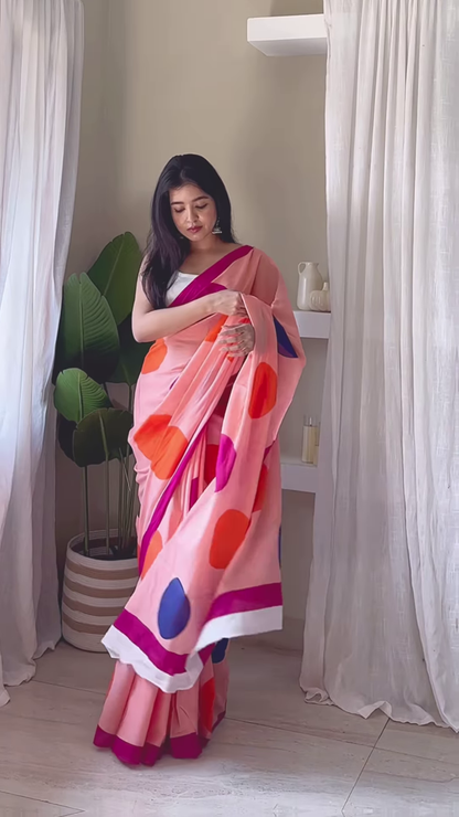 Yellow Polka Dot Saree in Sunlit Interior – Retro Charm with Contemporary Poise