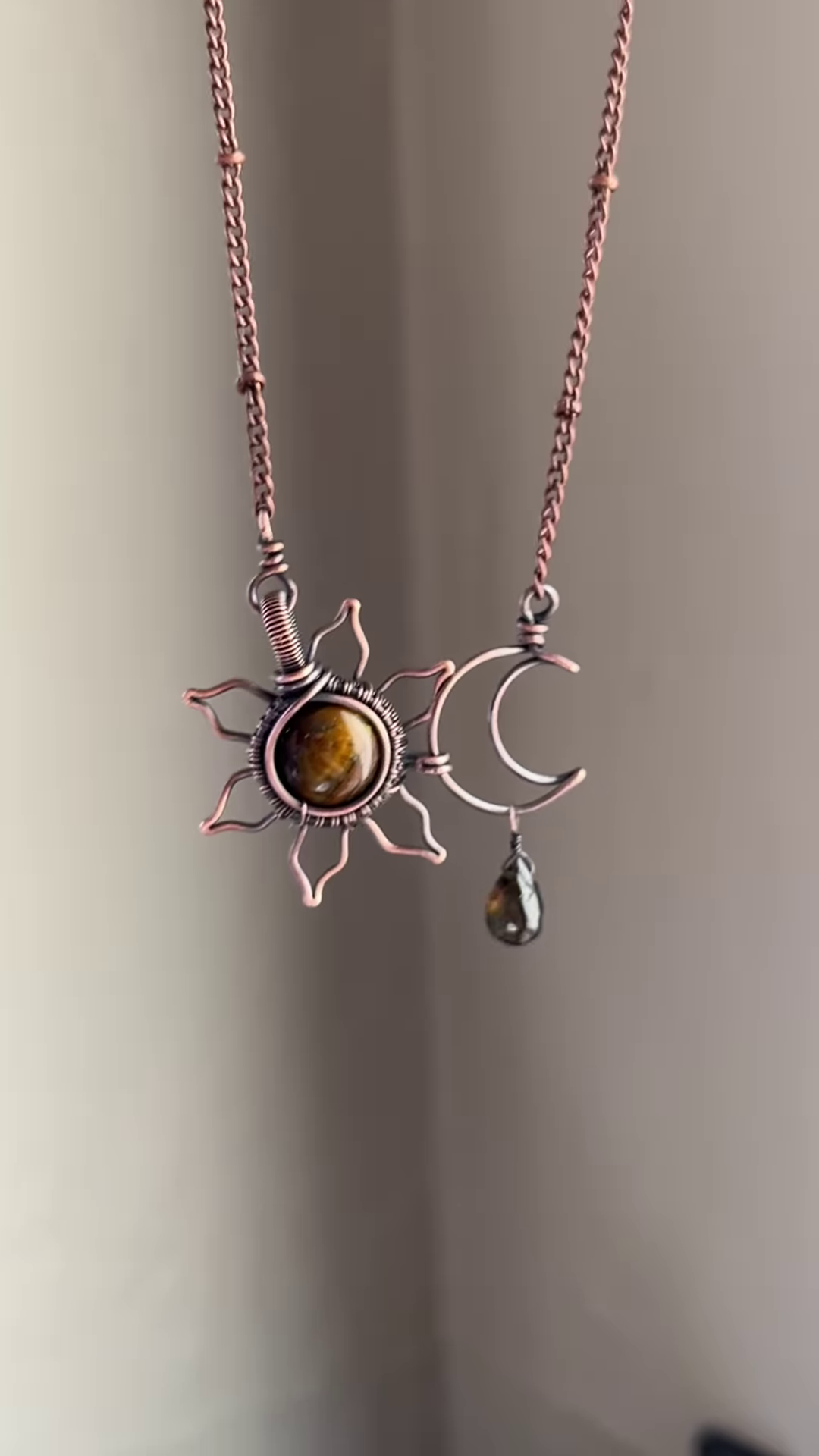 Artisan Copper Sun and Moon Necklace with Gemstone Accents – Celestial Jewelry