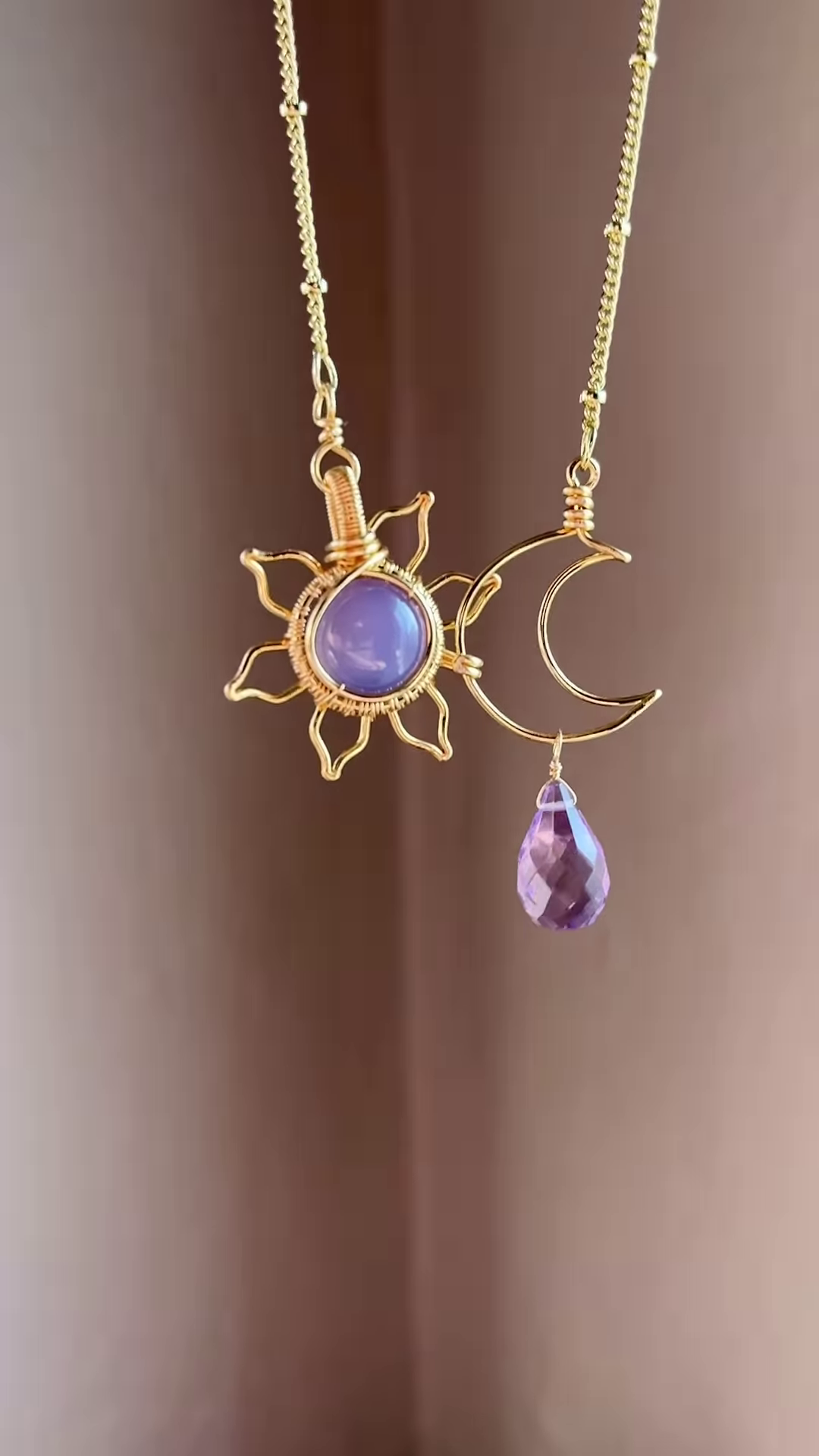 Artisan Copper Sun and Moon Necklace with Gemstone Accents – Celestial Jewelry