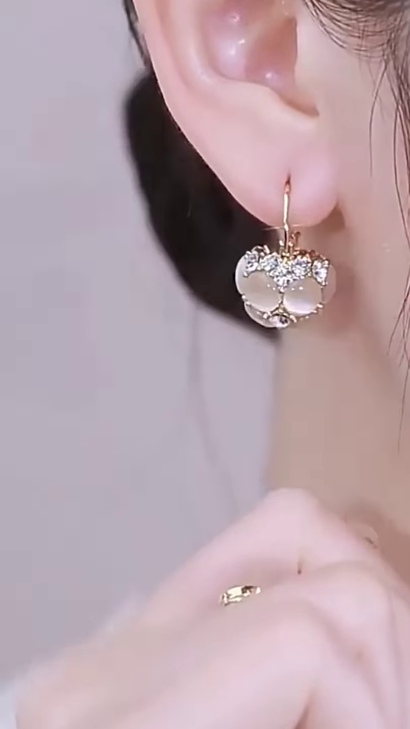 Elegant Gold-Toned Cat’s Eye Stone Ball Drop Earrings with Crystal Accents