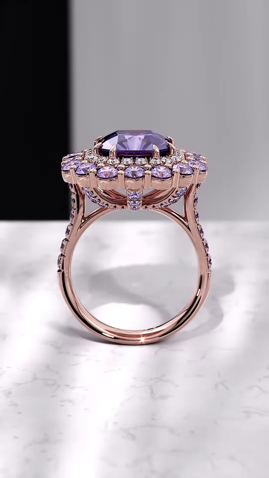 Luxurious Cushion-Cut Purple Sapphire Ring with Double Halo of Diamonds and Sapphires