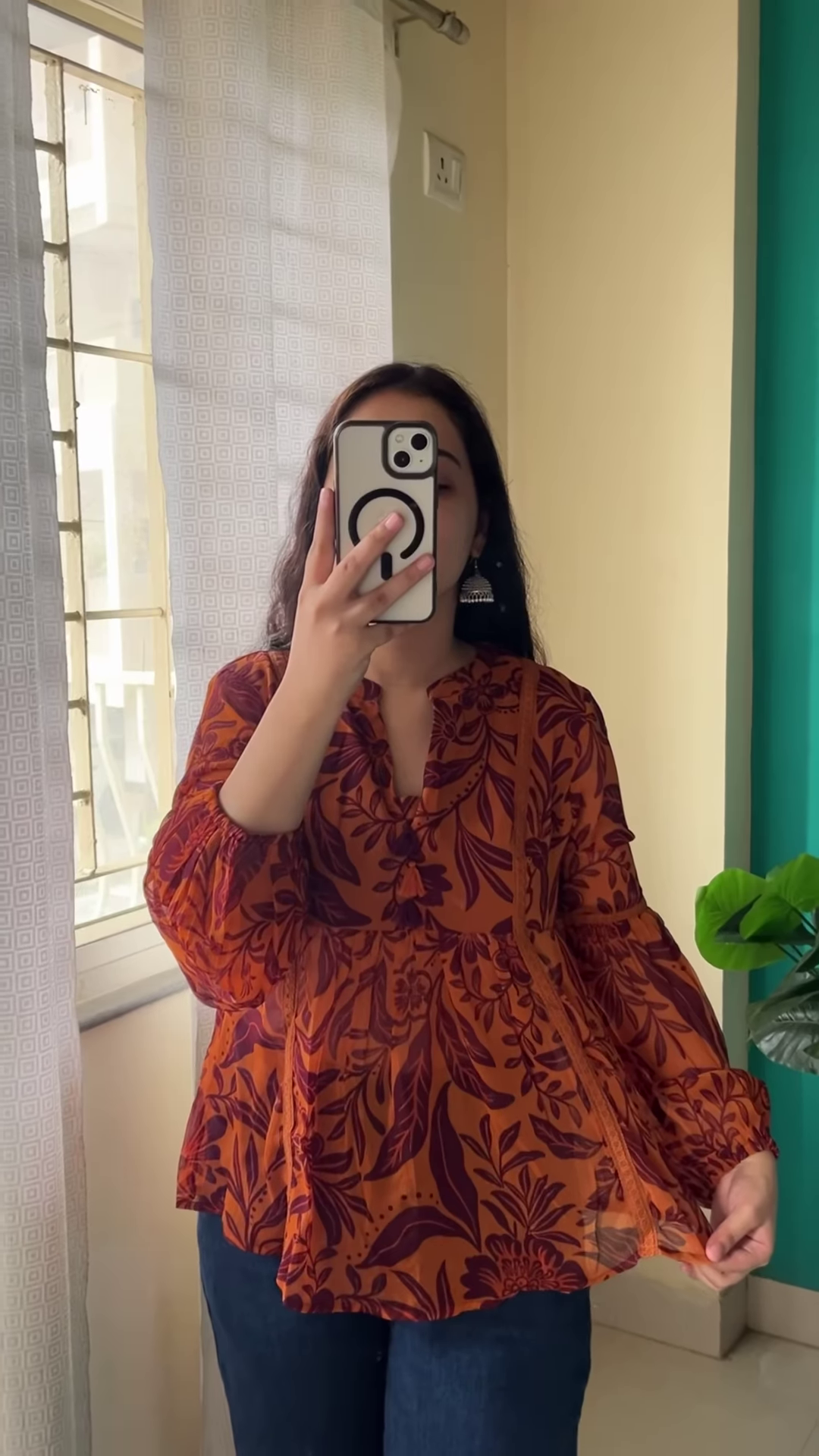 Rust Floral Blouse with Blue Denim – Casual Chic for Everyday Stories