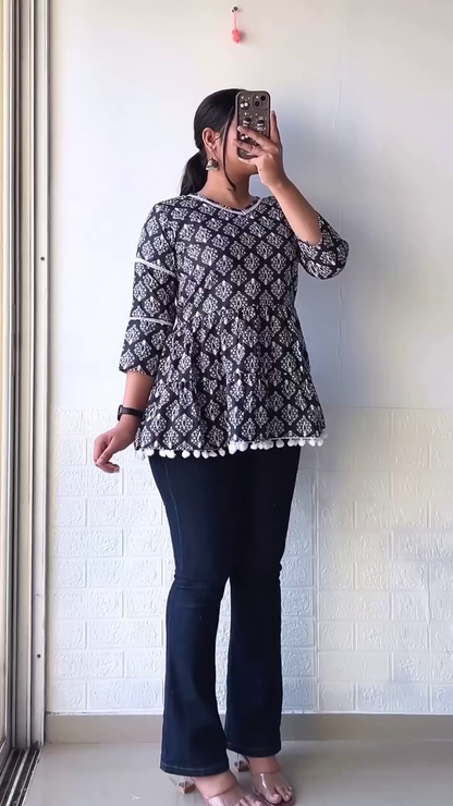 Boho Chic Black & White Printed Peplum Top – Casual & Ethnic Fusion Wear