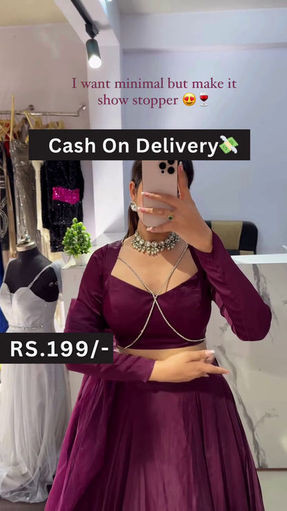 Dark Maroon Long-Sleeve Lehenga Set with Chain Accent and Statement Choker – Minimalist Glam for Every Festive Moment
