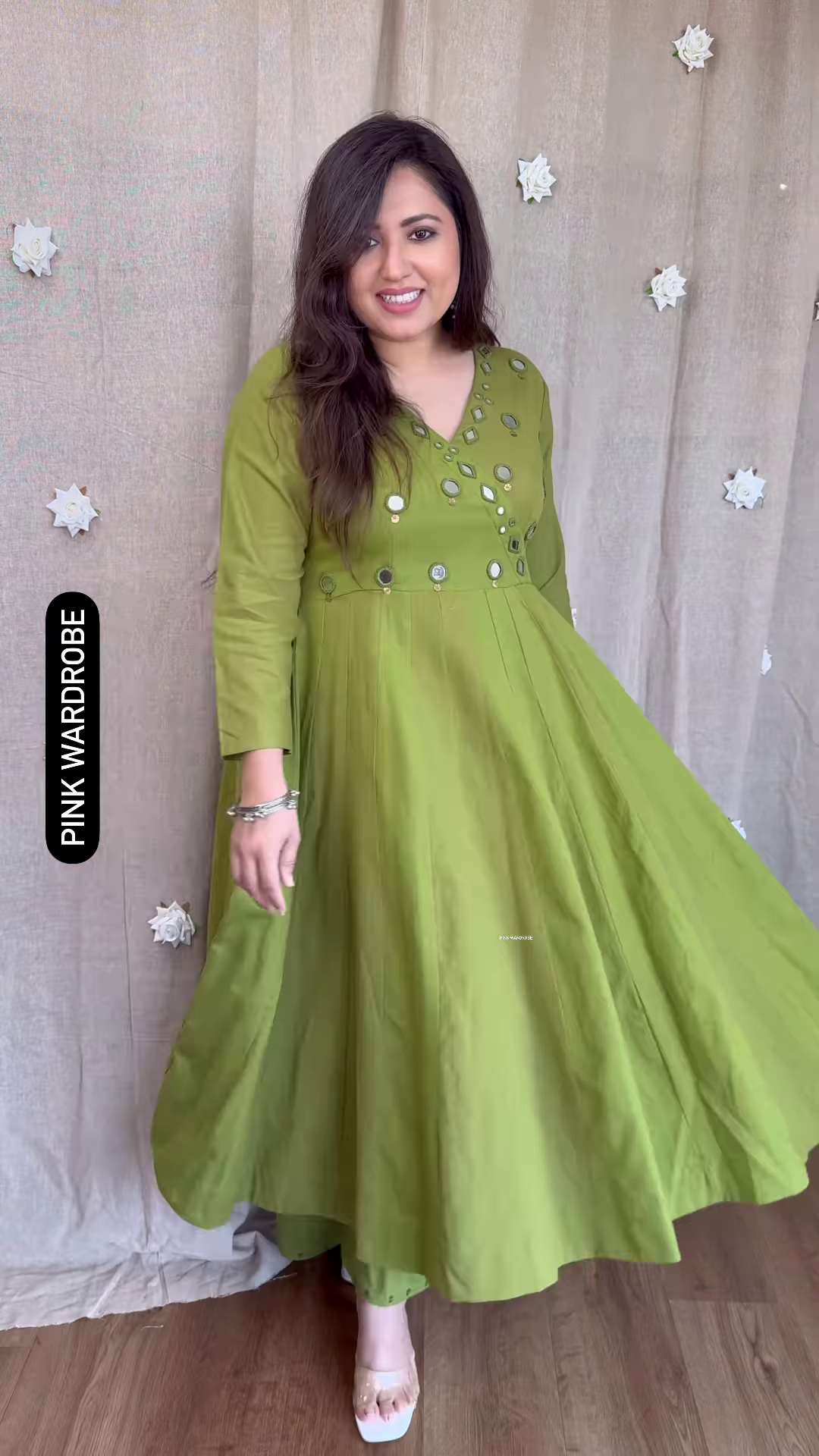 Elegant Olive Green Flared Anarkali Kurta with Mirror Work – Ethnic Chic