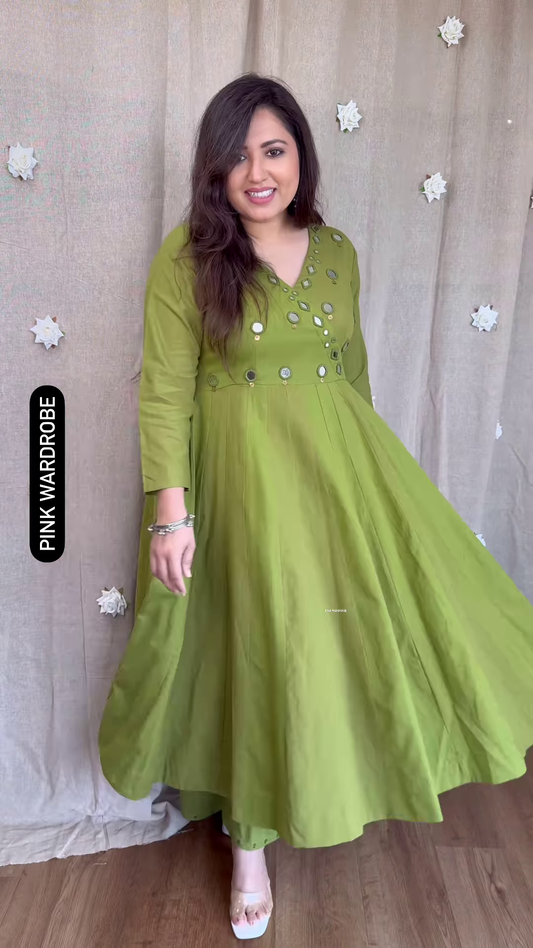 Elegant Olive Green Flared Anarkali Kurta with Mirror Work – Ethnic Chic