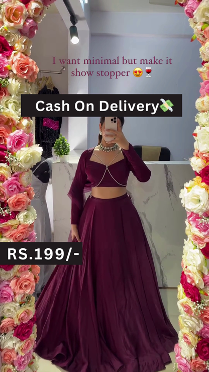 Dark Maroon Long-Sleeve Lehenga Set with Chain Accent and Statement Choker – Minimalist Glam for Every Festive Moment