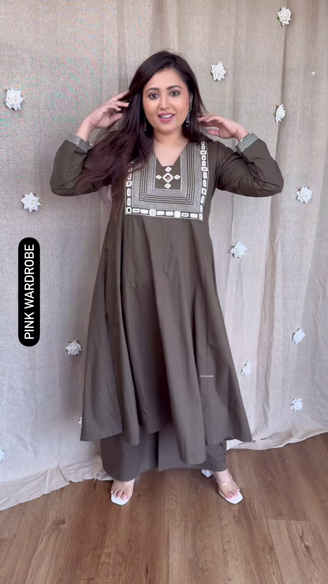 Elegant Olive Green Flared Anarkali Kurta with Mirror Work – Ethnic Chic